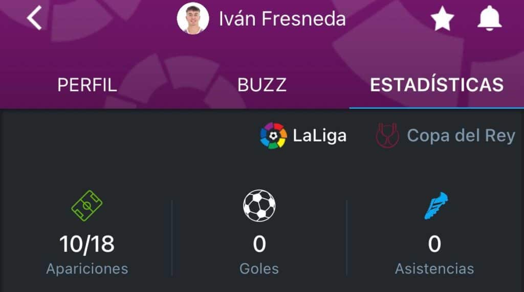 Los números de Iván Fresneda en la temporada con el Real Valladolid. Foto: 365Scores App.