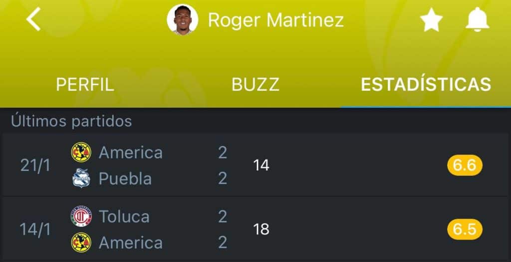 Los números de Roger Martínez en la actual temporada del fútbol mexicano. Foto: 365Scores App.