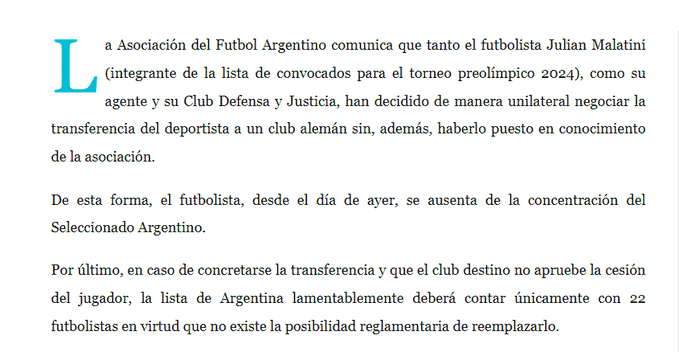 Comunicado de AFA sobre Julián Malatini