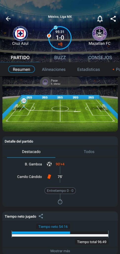 Vista del Cruz Azul vs Mazatlán del Apertura 2024 de la Liga MX en la app de 365Scores