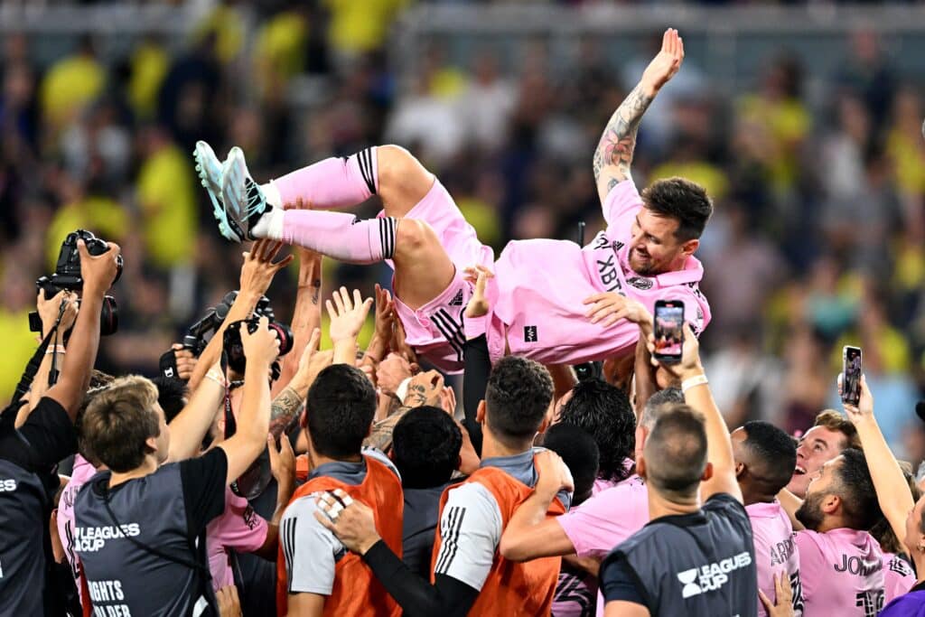 Jugadores del Inter Miami celebran con Lionel Messi el campeonato de la Leagues Cup 2023. máximos goleadores