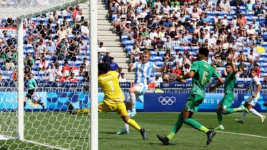 Con este cabezazo, Gondou anotó el 2-1 de Argentina vs. Irak