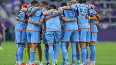 Jugadores del New York City en una reunión antes de jugar un partido de la MLS 2024. New York City vs Querétaro Tigres Tigres vs New York City Columbus Crew vs New York City