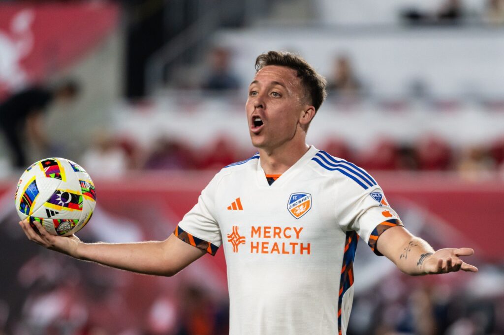 Corey Baird, delantero del FC Cincinnati durante un juego de la temporada 2024 de la MLS. Cincinnati vs Querétaro Cincinnati vs Santos