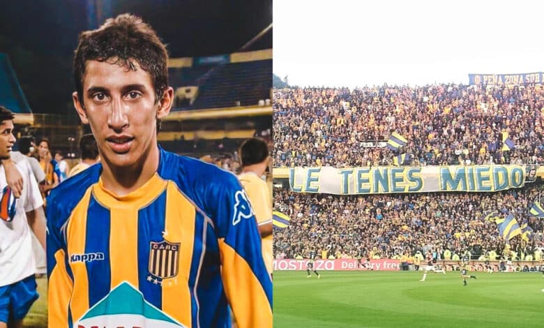 Ángel Di María y una bandera sugerente en la tribuna de Rosario Central