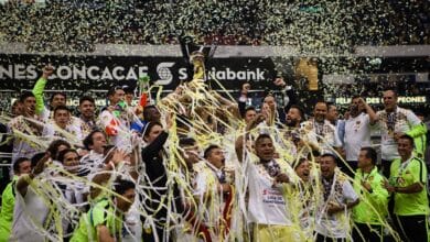 Jugadores del America celebran por ganar la Concachampions 2015-16 CONCACAF Champions League en el estadio Azteca. América vs Tigres