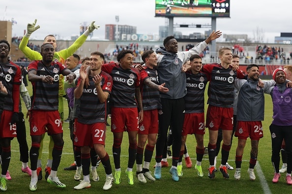 Jugadores del Toronto FC festajan su victoria vs Charlotte FC en la campaña 2024 de la MLS. Pachuca vs Toronto Inter Miami vs Toronto