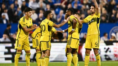 Diego Rossi celebra su gol con Max Arfsten, Steven Moreira y Rudy Camacho en el partido de Columbus Crew vs Montreal de la MLS 2024. Columbus Crew vs New York City Columbus Crew vs Philadelphia