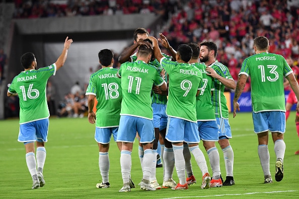 Jugadores del Seattle Sounders festejan la anotación vs St Louis City SC en juego de la temporada 2024 de la MLS. Seattle Sounders vs Necaxa