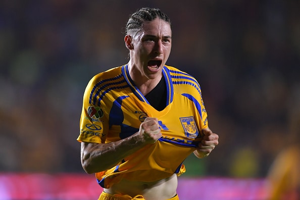 Marcelo Flores celebra su gol en el juego de Tigres vs América en el Apertura 2024 de la Liga MX. Tigres vs New York City