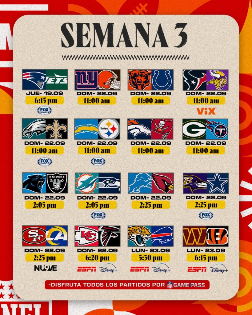 Estos son los partidos de la Semana 3 de la NFL. (@nflmx)