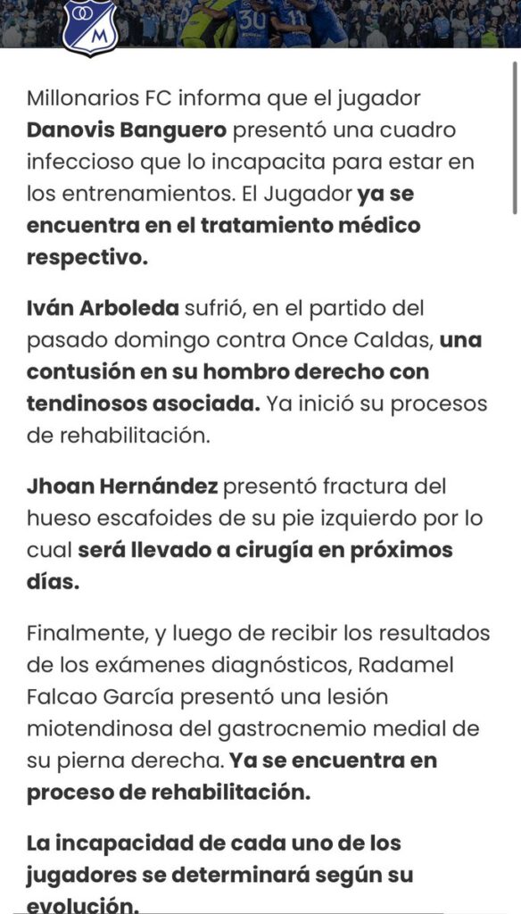 Comunicado de la lesion de radamel falcao en millonarios