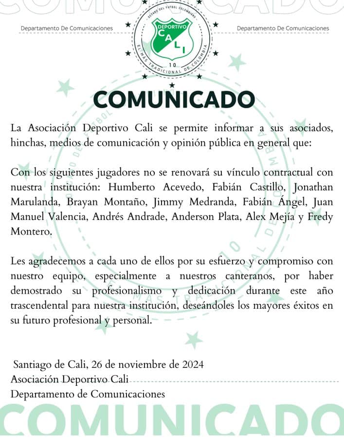 comunicado deportivo cali