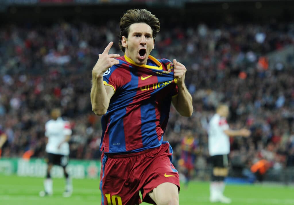 Messi celebrates his goal during the 2011 UEFA Champions League Final 