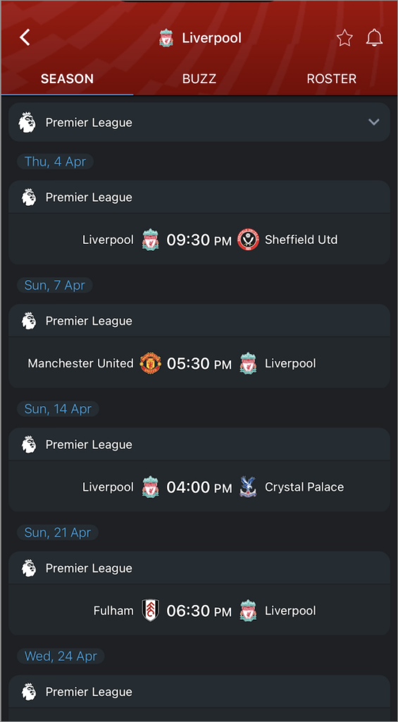 Liverpool's matches on 365Scores app in their quest for the Premier League title.