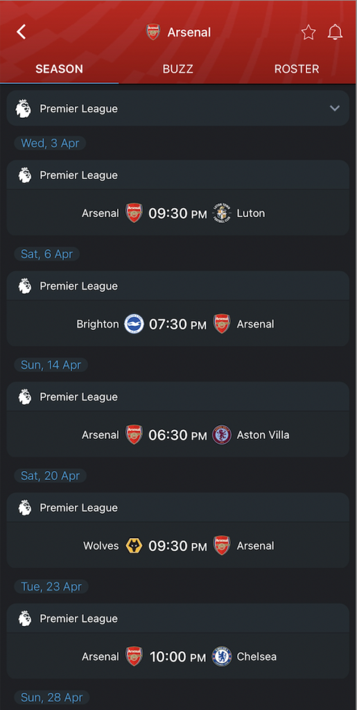 Arsenal's matches on 365Scores app in their quest for the Premier League title.