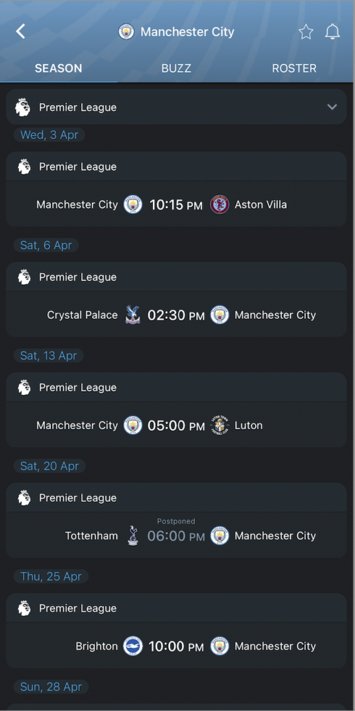 Manchester City's matches on 365Scores app in their quest for the Premier League title.