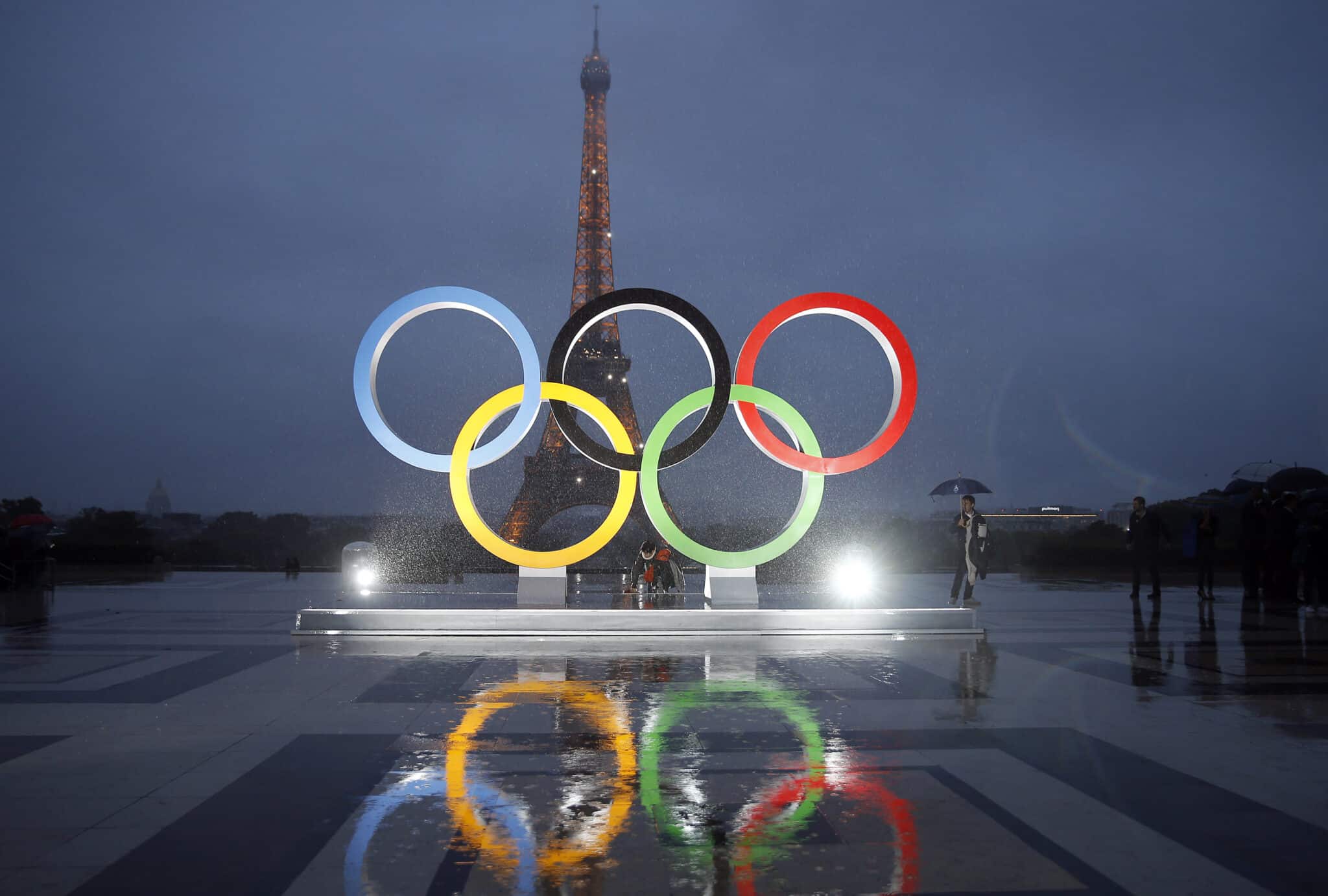 PARIS, FRANCE - SEPTEMBER 13: The unveiling of the Olympic rings on the esplanade of Trocadero in front of the Eiffel tower after the official announcement of the attribution of the Olympic Games 2024 to the city of Paris on September 13, 2017 in Paris, France. For the first time in history, the International Olympic Committee (IOC) confirms two summer Games host cities at the same time, Paris will host the Olympic Games in 2024 and Los Angeles in 2028.