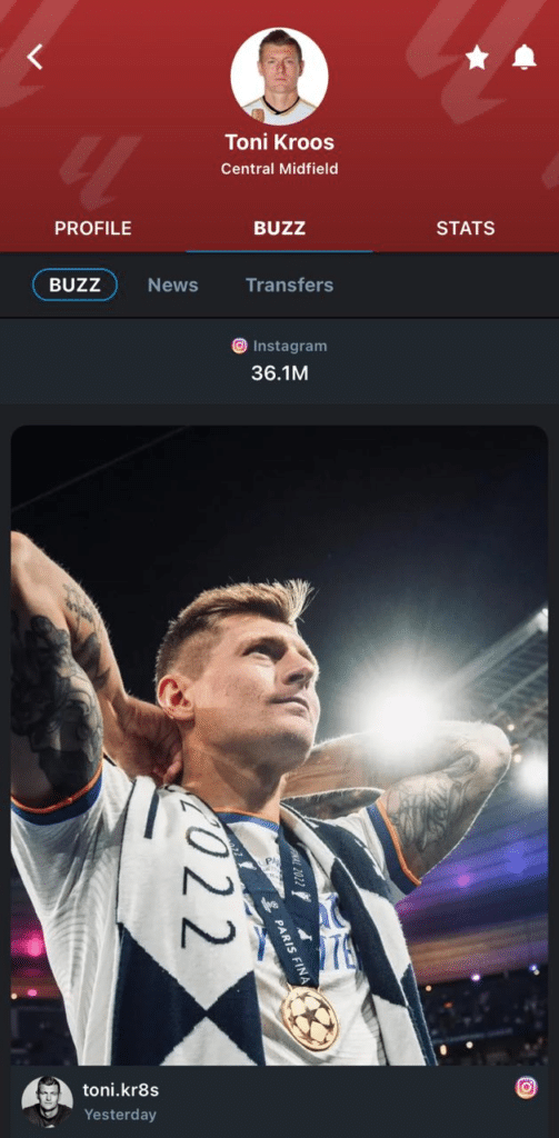 365Scores Toni Kroos' profile buzz screen