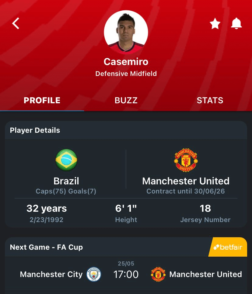 Casemiro 365Scores profile screen