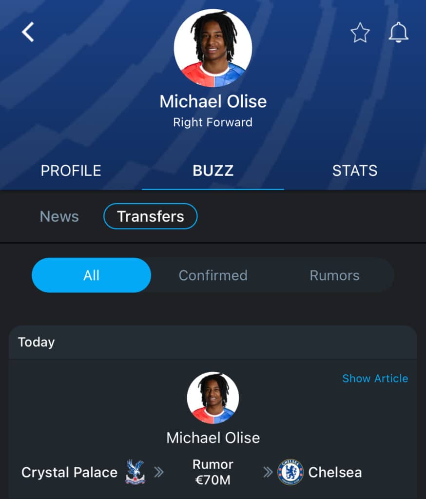 Michael Olise 365Scores transfer card to Chelsea 