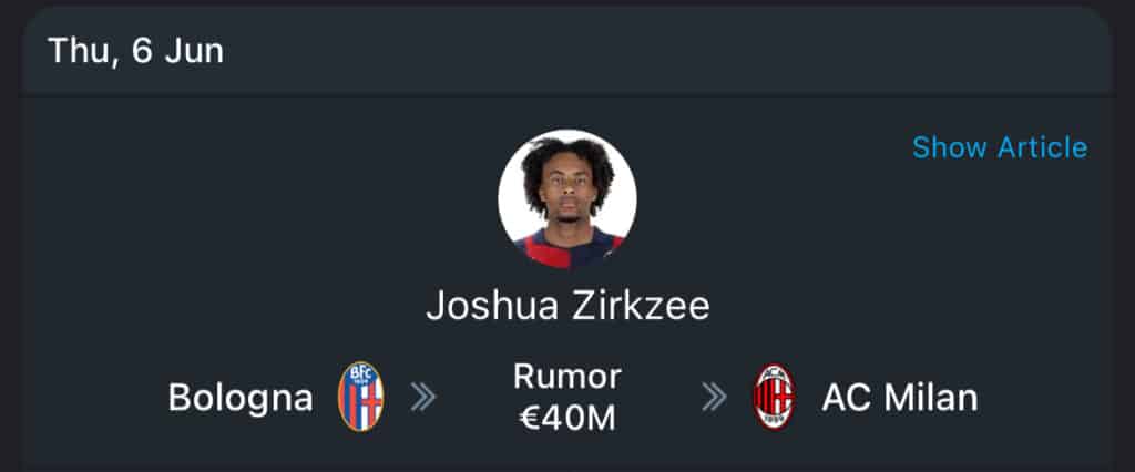 Joshua Zirkzee 365Scores transfer card to AC Milan