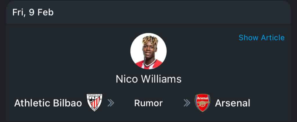 Nico Williams 365Scores transfer card to Arsenal
