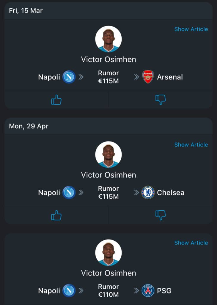 Victor Osimhen 365Scores transfer card to Arsenal, Chelsea, and PSG