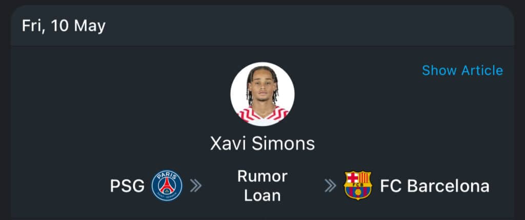 Xavi Simons 365Scores transfer card to FC Barcelona