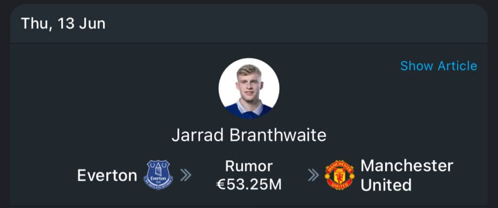 Jarrad Branthwaite 365Scores transfer card to Manchester United