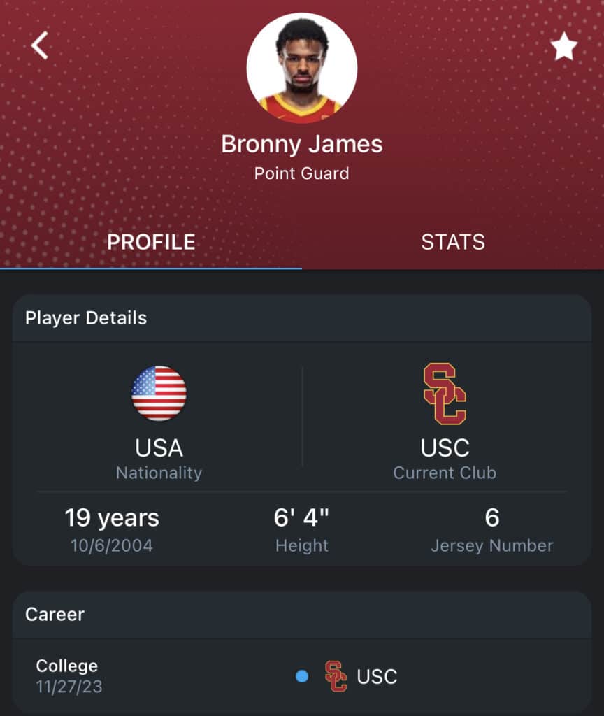 NBA Draft prospect Bronny james' Player Profile on 365Scores