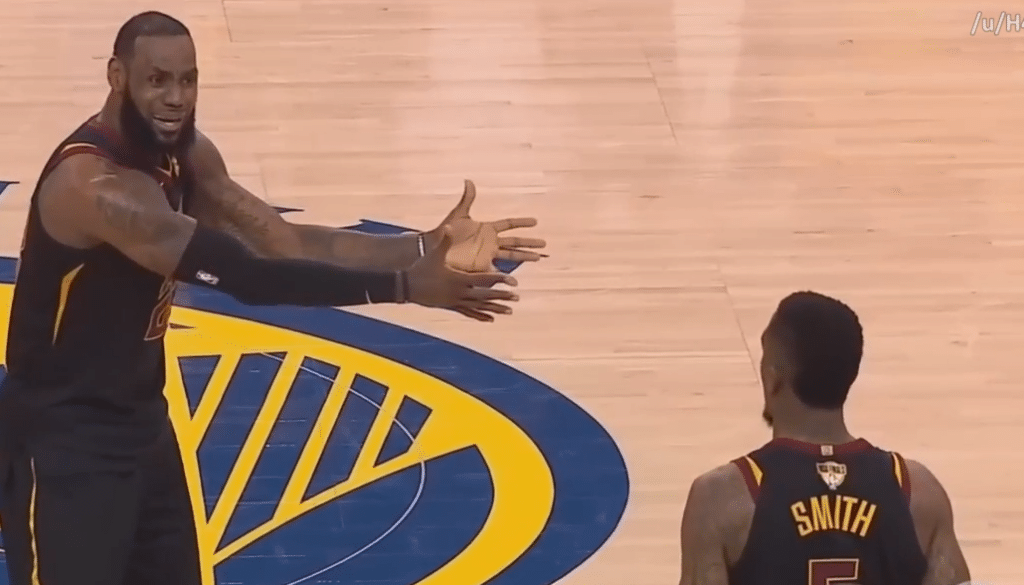 LeBron James is beside himself after J.R. Smith forgets the score in Game 1 of the 2018 NBA Finals.