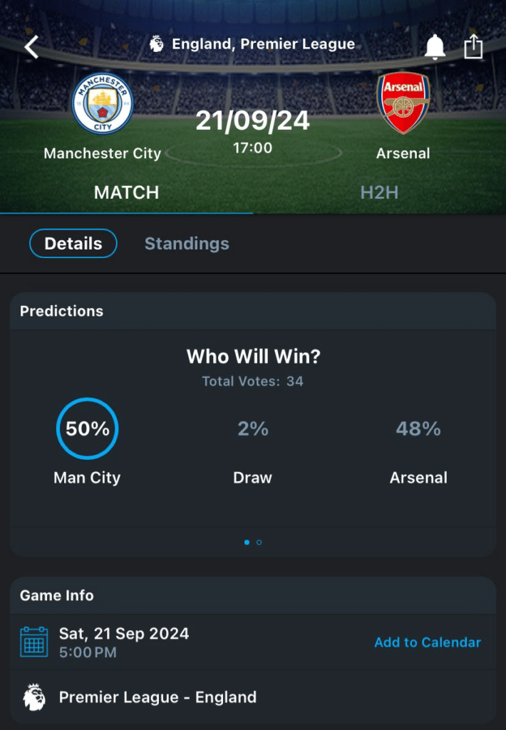 Manchester City vs Arsenal game center on 365Scores app