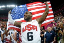 LONDON, ENGLAND - AUGUST 12: LeBron James #6 of Team USA celebrates winning the Men's Basketball gold medal game between the United States and Spain on Day 16 of the London 2012 Olympics Games at North Greenwich Arena on August 12, 2012 in London, England.