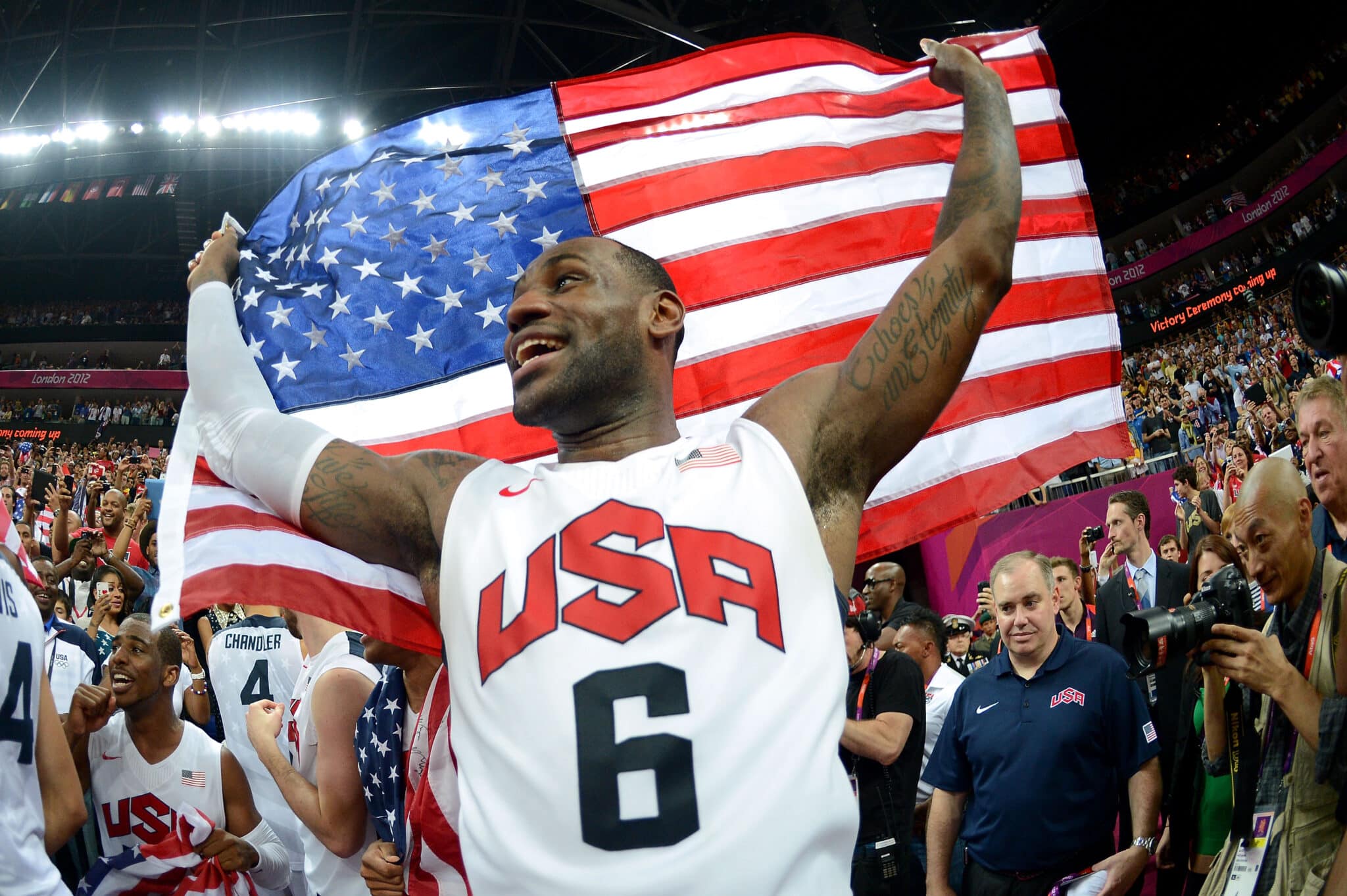 LONDON, ENGLAND - AUGUST 12: LeBron James #6 of Team USA celebrates winning the Men's Basketball gold medal game between the United States and Spain on Day 16 of the London 2012 Olympics Games at North Greenwich Arena on August 12, 2012 in London, England.