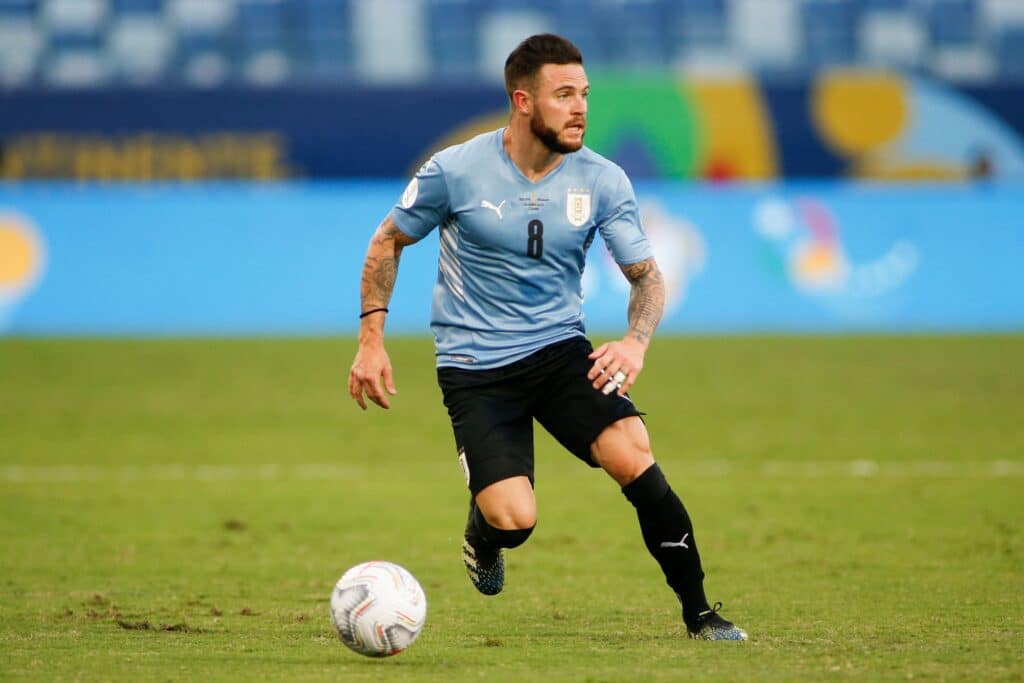 Nahitan Nandez dribbles the ball in the Uruguay vs Bolivia match at the 2021 Copa America