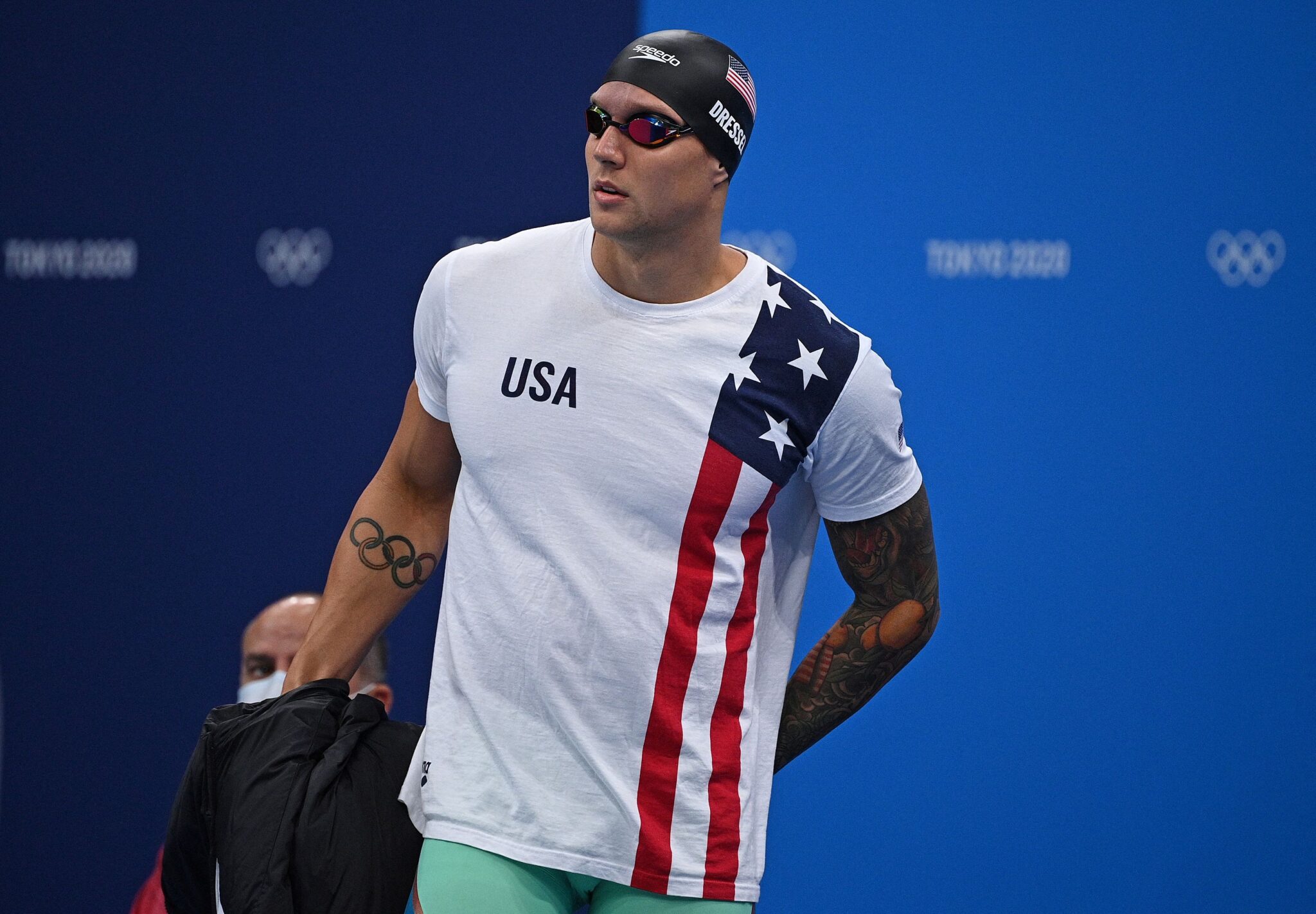 USA's Caeleb Dressel prepares to compete in a heat for the men's 50m freestyle swimming event during the Tokyo 2020 Olympic Games at the Tokyo Aquatics Centre in Tokyo on July 30, 2021.