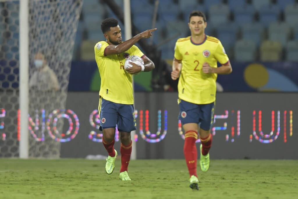 Miguel Borja celebrates scoring in the Colombia vs Peru match at the 2021 Copa America