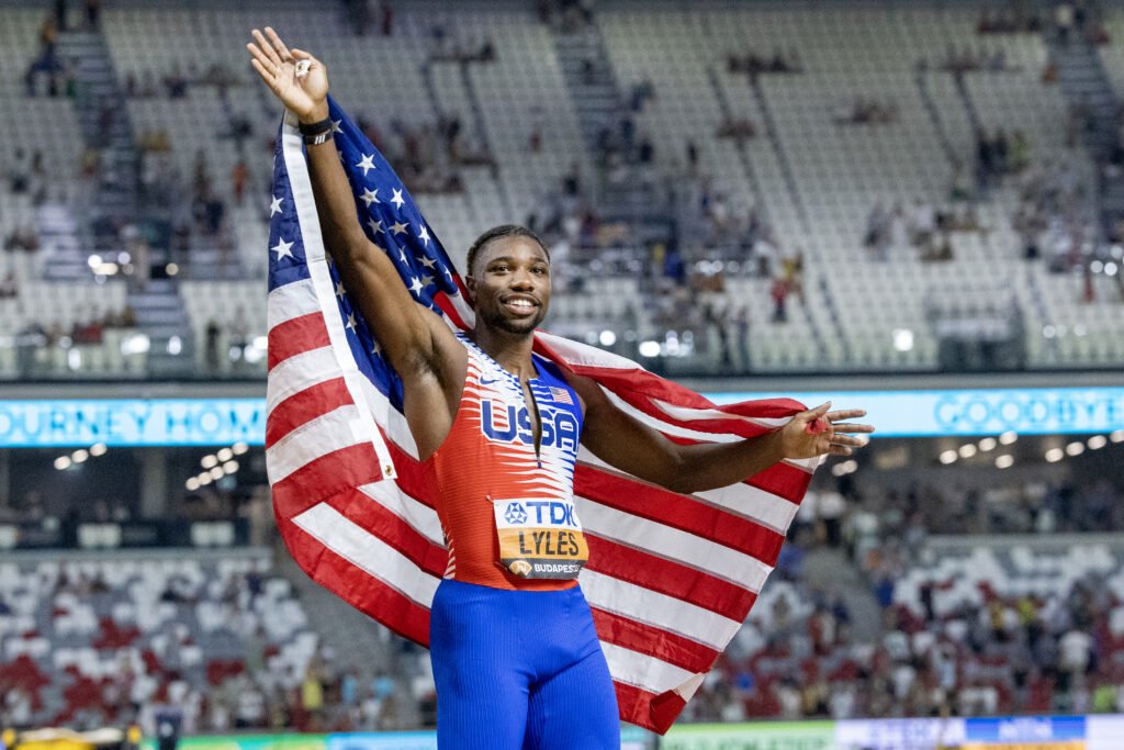 United States runner Noah Lyles after winning a gold medal in the Men's 4x100m final during the 2023 World Athletics Championships.