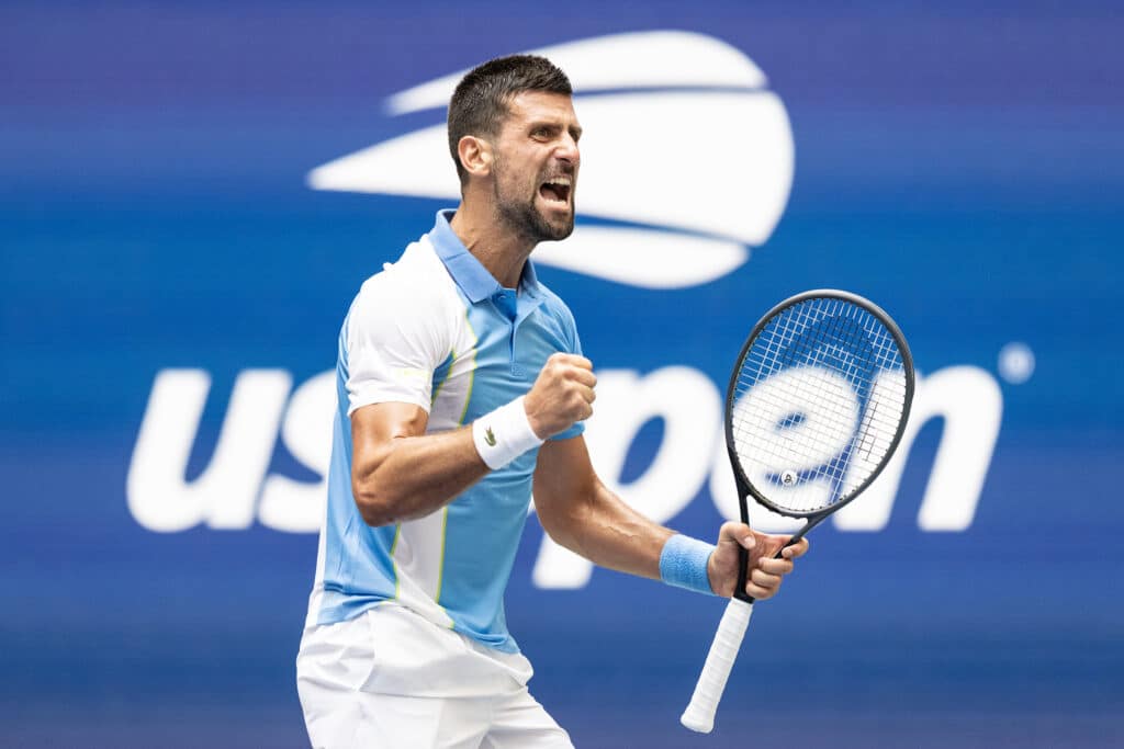 Novak Djokovic competing at the 2023 US Open.