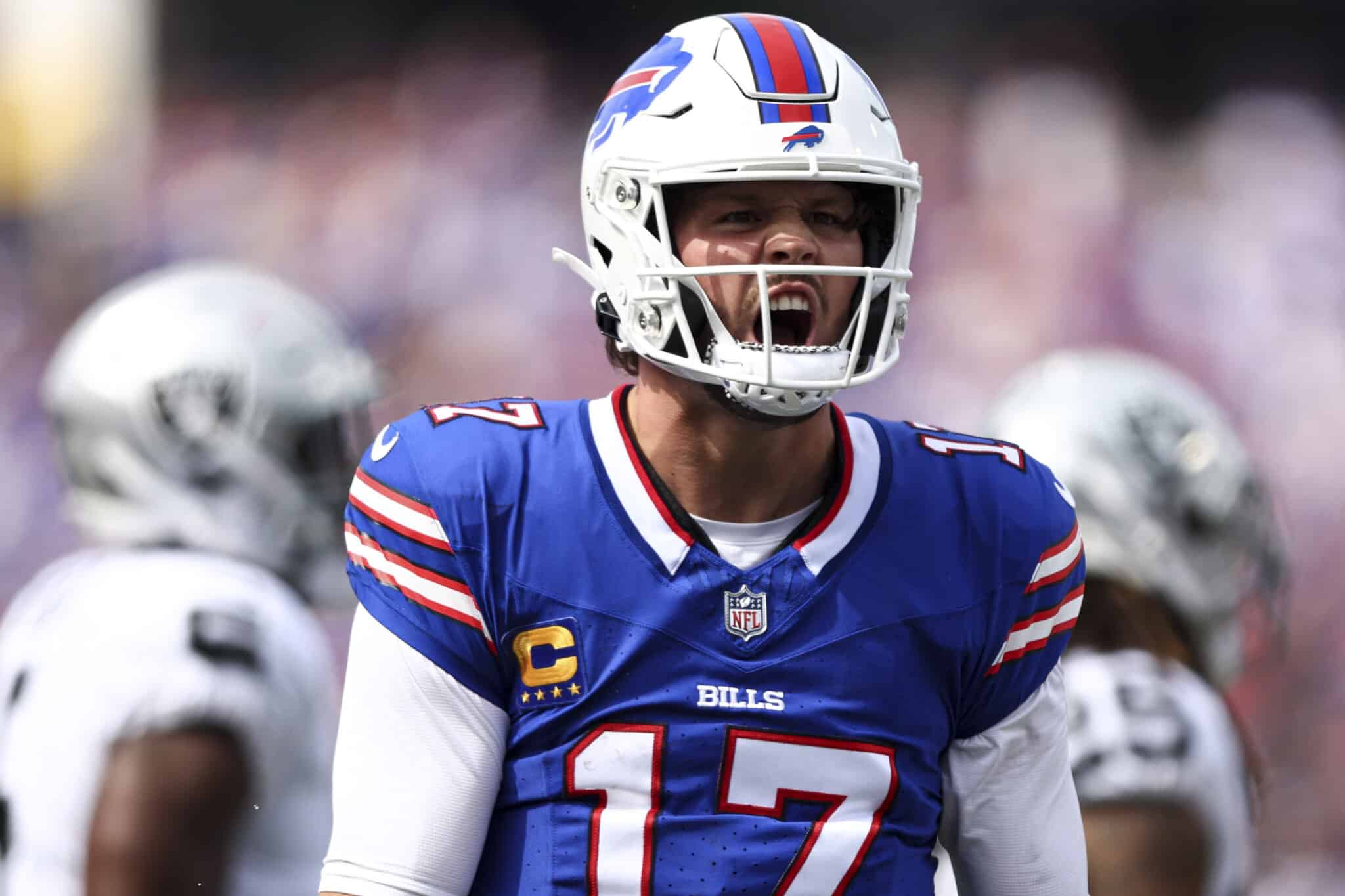 ORCHARD PARK, NY - SEPTEMBER 17: Josh Allen #17 of the Buffalo Bills celebrates after a play during the second quarter of an NFL football game against the Las Vegas Raiders at Highmark Stadium on September 17, 2023 in Orchard Park, New York.