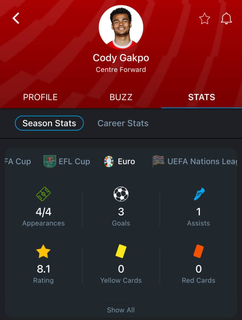 Cody Gakpo stat card 2024 Euro