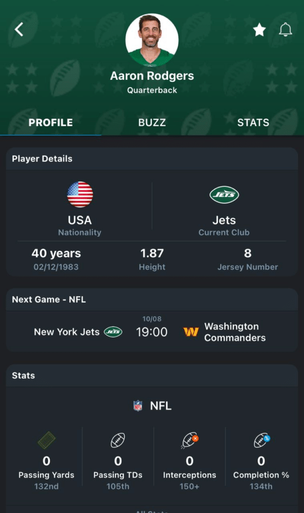 Aaron Rodgers profile on 365Scores app