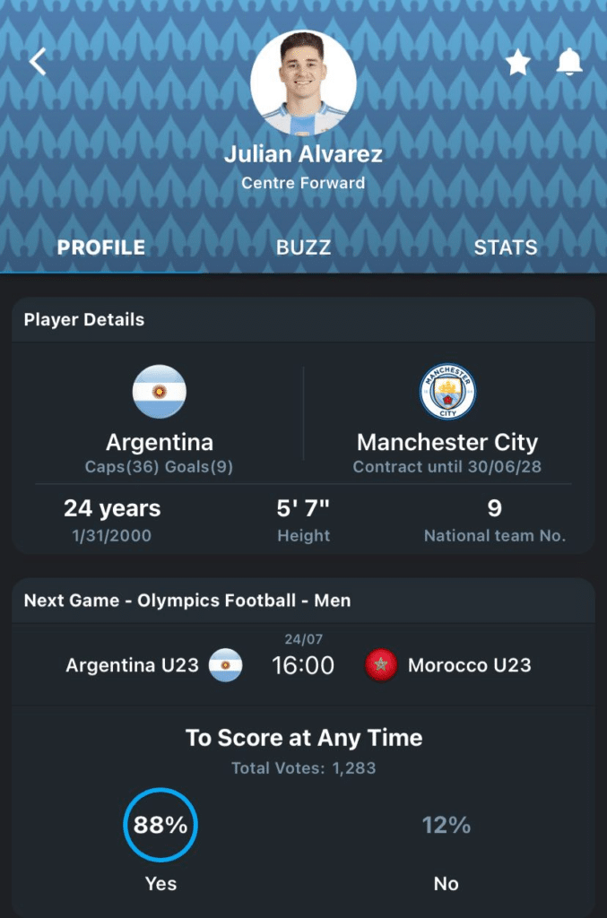 Julian Alvarez 365Scores app player profile 