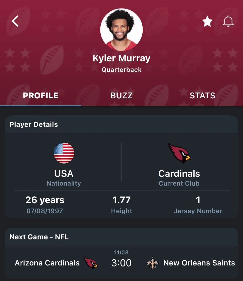 Kyler Murray 365Scores' Player Deatails 