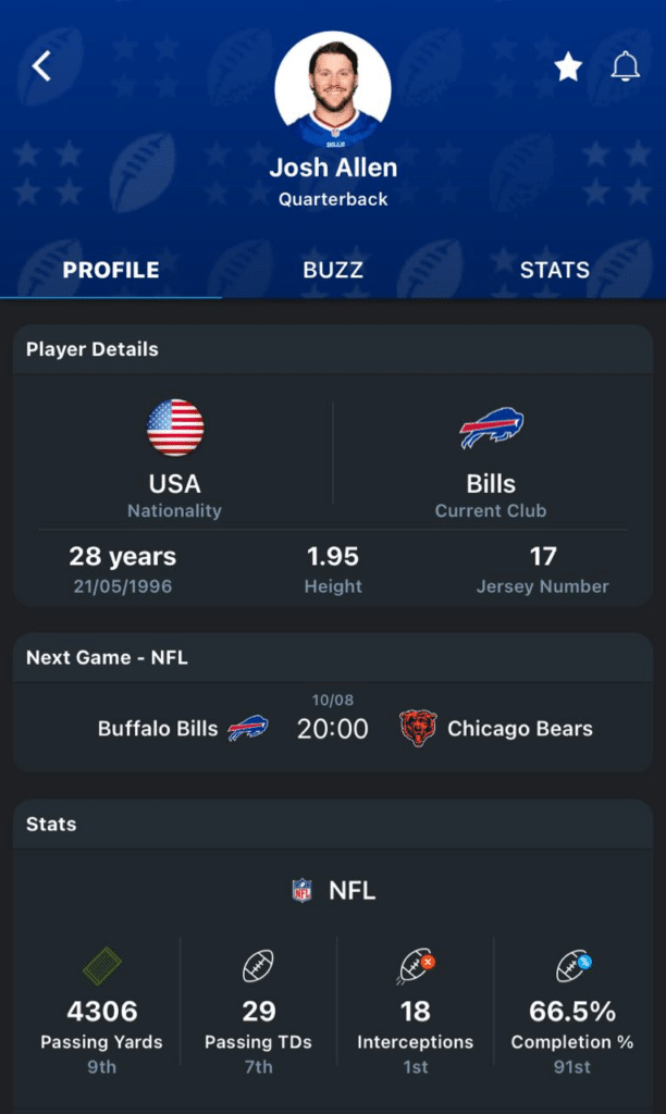 Josh Allen of the Bills profile screen on 365Scores App