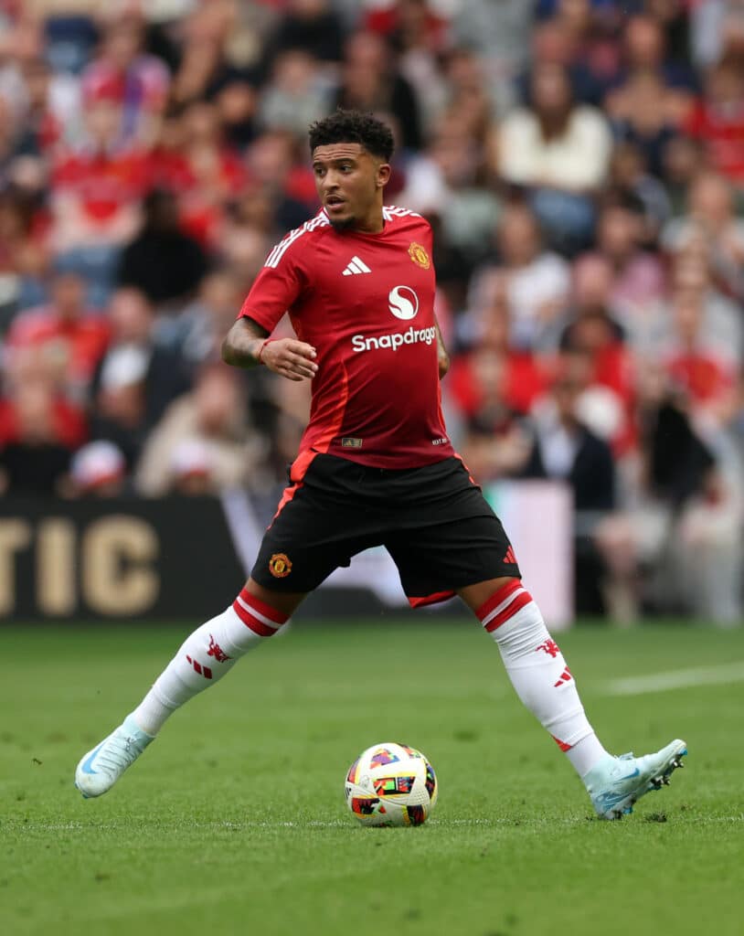 Jadon Sancho rocking Man United's new Premier League strip