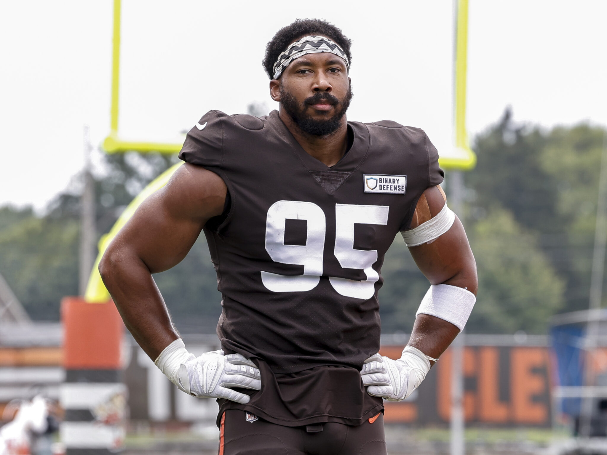 BEREA, OH - AUGUST 05: Defensive End Myles Garrett #95 of the Cleveland Browns practices drills during Training Camp at their CrossCountry Mortgage Campus on August 5, 2024 in Berea, Ohio.