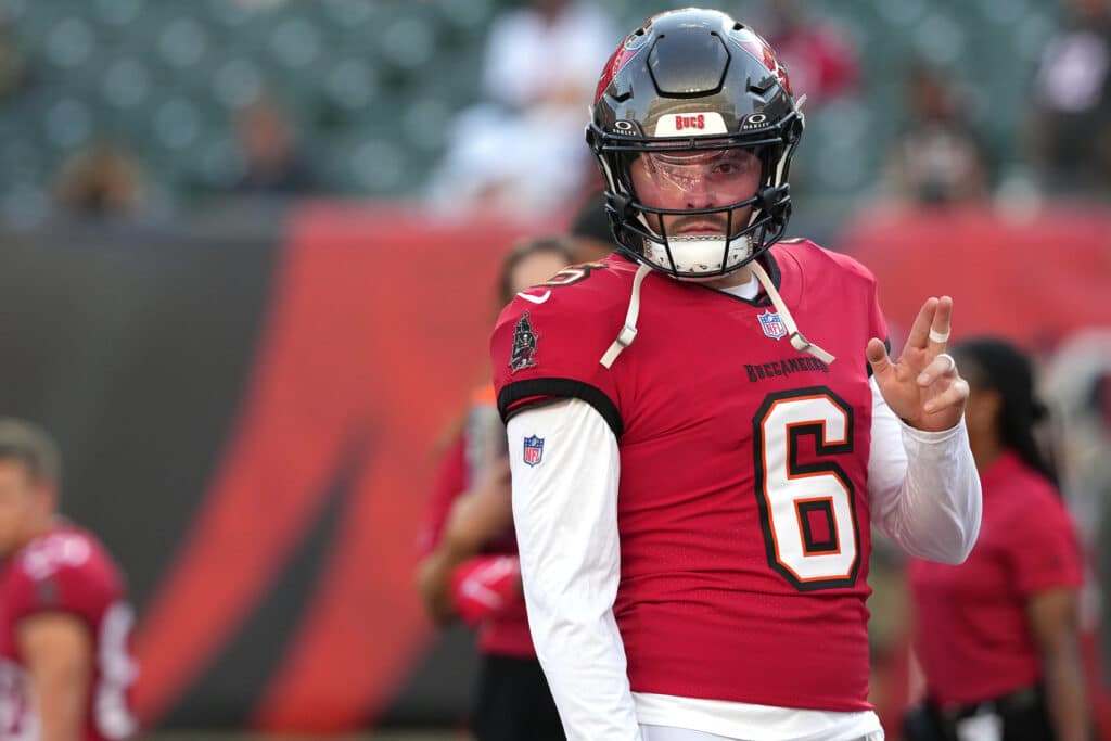 Quarterback Baker Mayfield #6 of the Tampa Bay Buccaneers warms up 