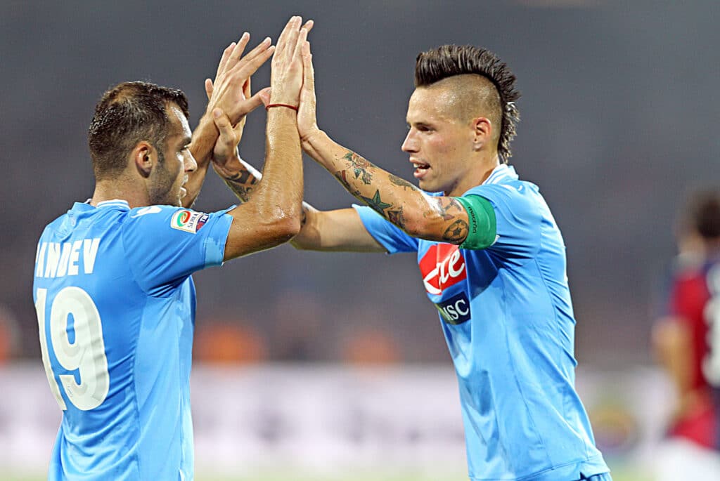 Marek Hamsik celebrates with Goran Pandev 